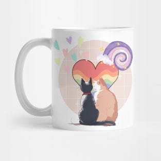 Couple cats and heart-shaped images in a soft watercolor atmosphere create a sweet mood. Mug